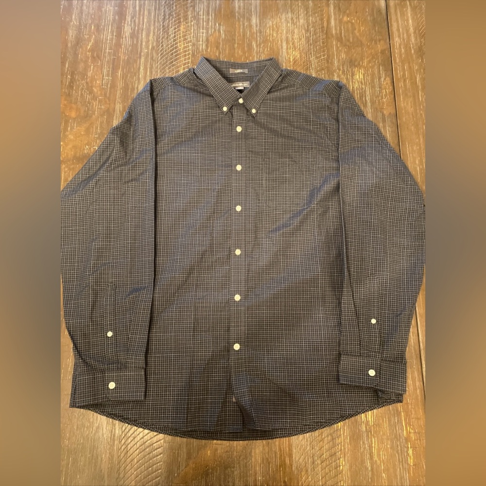 Eddie Bauer Button Shirt Mens XL Classic Fit Cotton Poly Mix Black Plaid Checker